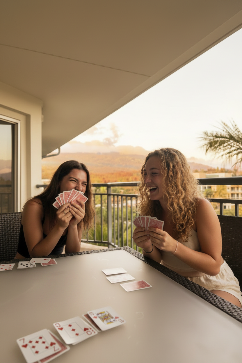 Dos amigas jugando a las cartas en terraza de verano